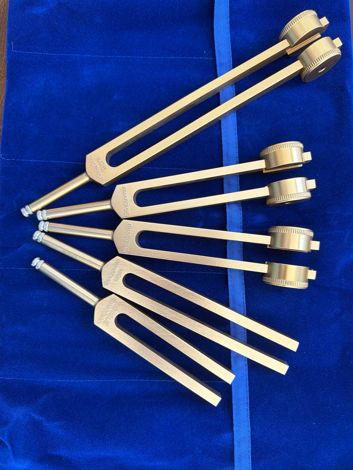 Guardian Set of 5 Golden Tuning Forks (80.63 Hz, 161.26 Hz x2, 322.52 Hz, 645.04 Hz)